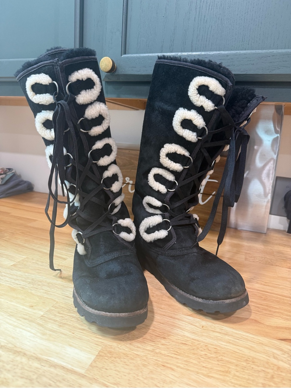 UGG Black Suede Lace-Up Winter Boots with Shearling Trim